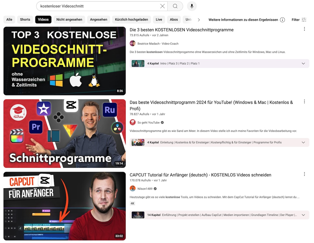 youtube suche "kostenloser Videoschnitt"